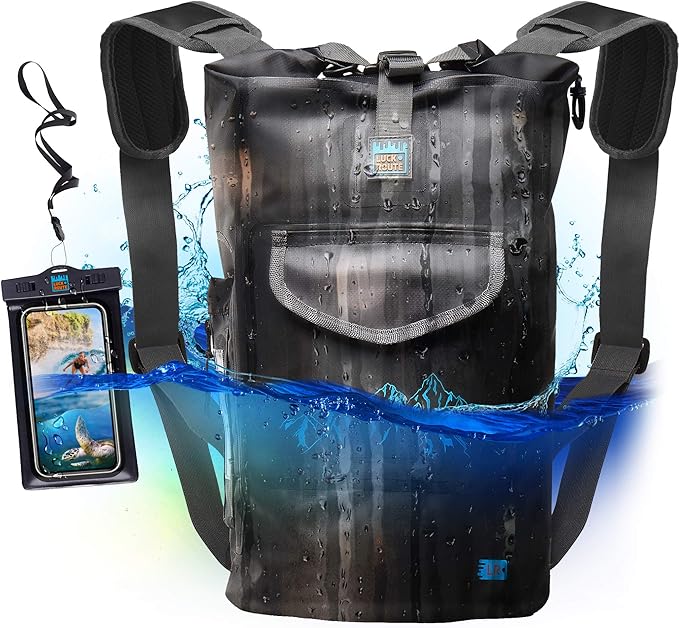 Luck route Dry Bag - Waterproof Backpack for Kayaking Boating and Fishing - Quick-Access Outer Pocket &amp 500D Tear Resistance PVC
