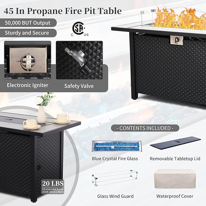 Outdoor Propane Fire Pit 45 Inch Patio Firepit Table with Fire Glass and Wind Guard for Outside Parties and Gatherings on Garden Backyard Porch