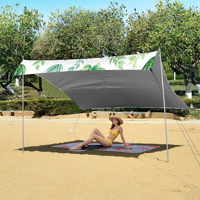 xigua Grass Beach Tent Sun Shelter with Carrying Bag - Silver Coated Oxford Fabric Beach Canopy for Beach Camping Fishing - Includes Windproof Ropes Sandbags &amp Stakes