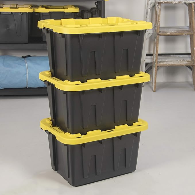 CX BLACK &amp YELLOW 12-Gallon Heavy Duty Storage Bins with Lids Stackable Plastic Storage Bins with Weather-Resistant Design Home Organization 4 Pack (12.51H x 16.3W x 21.8D)