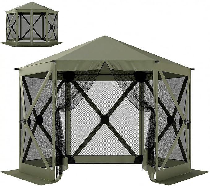Outsunny 10 x 11 ft Pop Up Gazebo Screen Tent Outdoor Portable Instant Camping Canopy Screen House Sun Shelter with Mesh Nettings Carry Bag Ground Stakes Ropes for Patio Backyard Dark Green