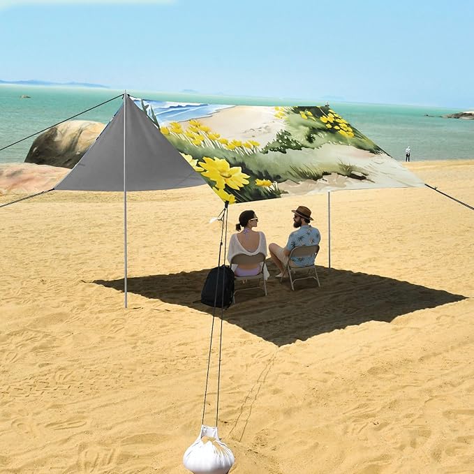 Beach Canopy with Windproof Ropes &amp Sandbags Beach Tent Sun Shade Sun Shelter for Camping Trips Fishing Backyard Fun or Picnics Beach
