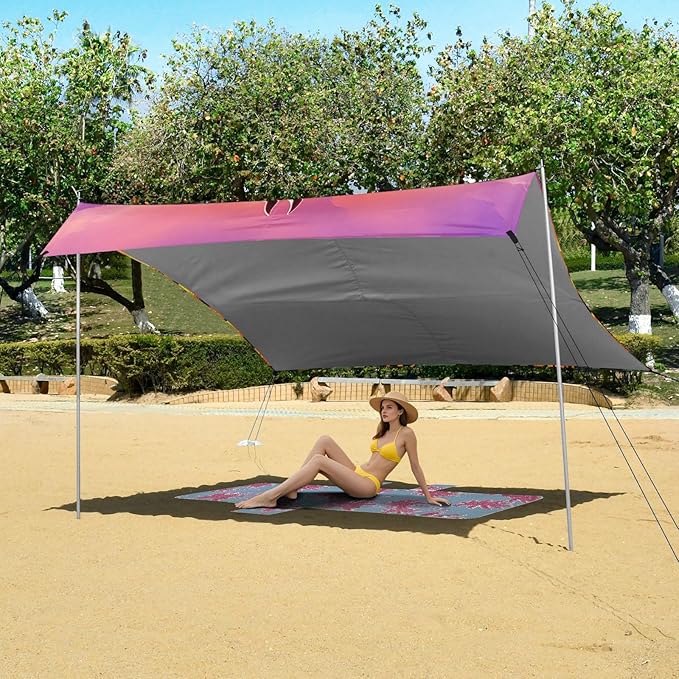 xigua Horse Beach Tent Sun Shelter with Carrying Bag - Silver Coated Oxford Fabric Beach Canopy for Beach Camping Fishing - Includes Windproof Ropes Sandbags &amp Stakes