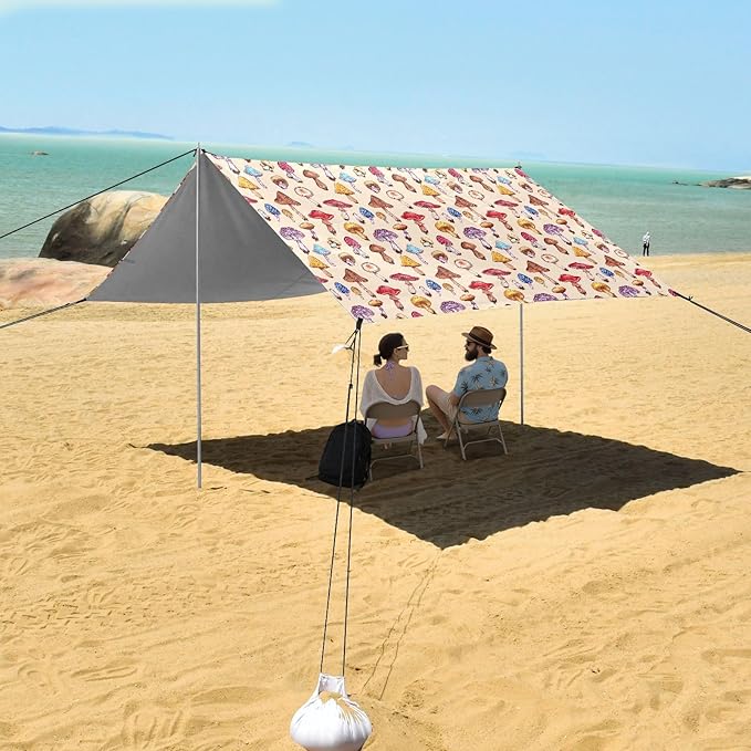 ALAZA Mushroom Rainbow Color Beach Tent Sun Shelter UPF50+ Protection Beach Shade Canopy w/ 4 Sandbags for Outdoor Camping Fishing Backyard Fun Picnic 10x9 ft