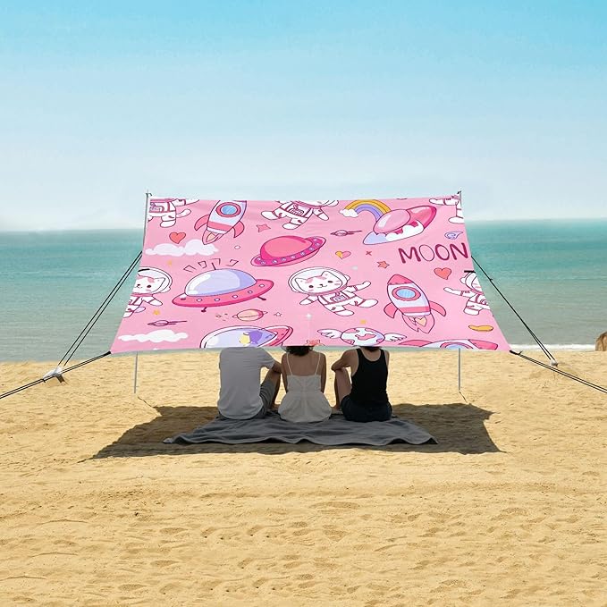 Space Cats Beach Canopy Sun Shelter with Sandbags &amp Sand Shovel &amp Windproof Ropes - Portable 110x126 Beach Shade Beach Tent for Camping Picnics