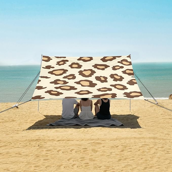 ALAZA Off White Cheetah Leopard Print Beach Tent Sun Shelter UPF50+ Protection Beach Shade Canopy w/ 4 Sandbags for Outdoor Camping Fishing Backyard Fun Picnic 10x9 ft