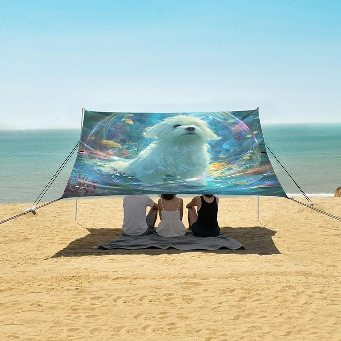 ALAZA Cute Maltese Dog Beach Tent Sun Shelter UPF50+ Protection Beach Shade Canopy w/ 4 Sandbags for Outdoor Camping Fishing Backyard Fun Picnic 10x9 ft