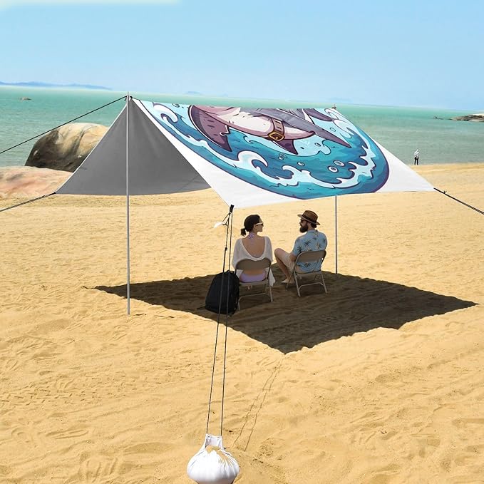 ALAZA Pirate Shark Cartoon Beach Tent Sun Shelter UPF50+ Protection Beach Shade Canopy w/ 4 Sandbags for Outdoor Camping Fishing Backyard Fun Picnic 10x9 ft