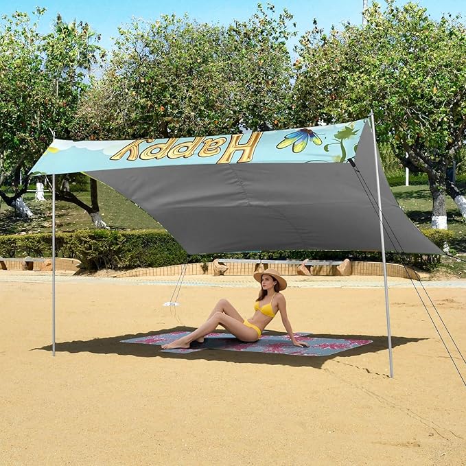 Happy Easter Eggs Spring Bunny Beach Tent Sun Shelter Set UPF50+ UV Protection 10.5 x 9.19 FT Camping Shade Canopy with Sandbags Sand Anchors Carrying Bag and Others