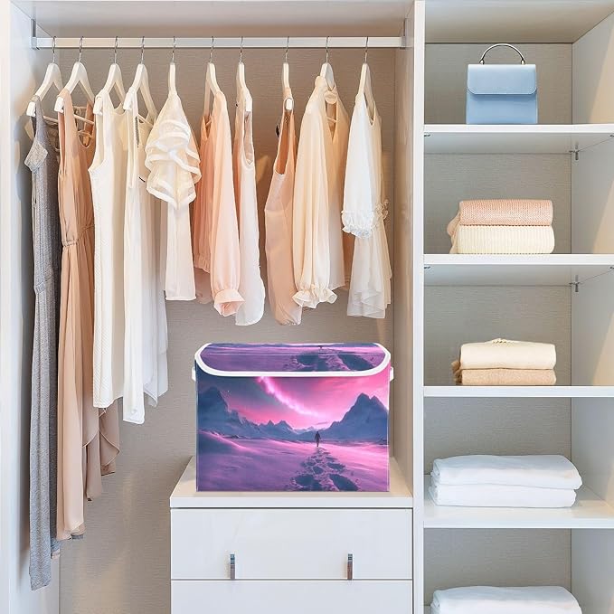 Storage Cube with Lid Polar Aurora Landscape Print 16.5×12.6×11.8 IN Collapsible Large Capacity Foldable Storage Basket Bin Organizer