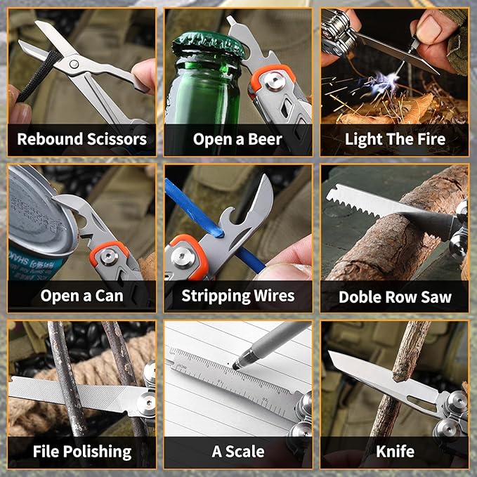 23-in-1 Multitool Pliers with ScissorsWindow Breaker Saw ScrewdriversRope CuttersFlint High-carbon Steel Multi Tool with Carrying Pouch Ideal for Camping Survival and Gift for Him Dad Men