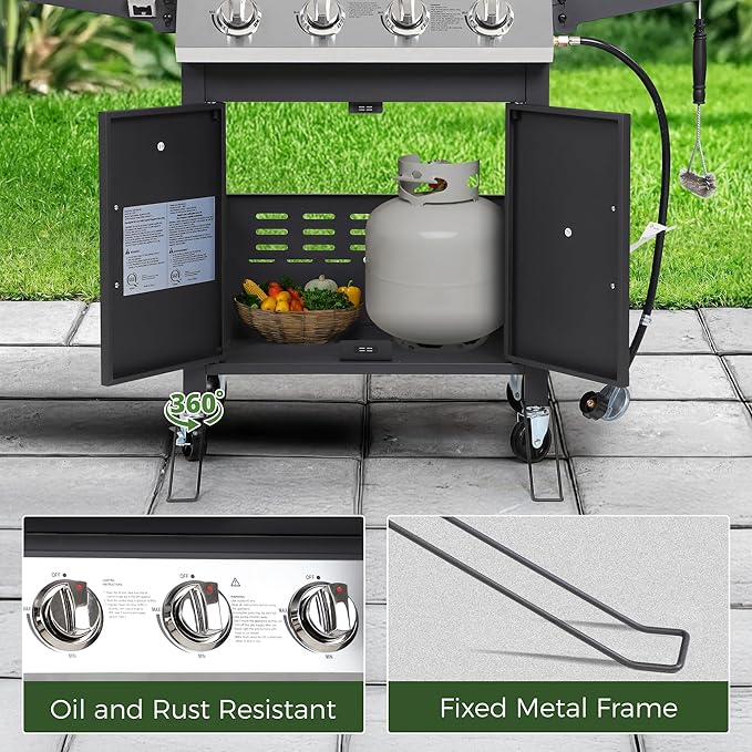 HUGROVE 4 Burner Propane Gas BBQ Grill with Wheels 40000 BTU Output Stainless Steel Barbecue Grill for Backyard &amp Outdoor Cooking Easy to Assemble Foldable Side Tables &amp Spice Rack (Black)