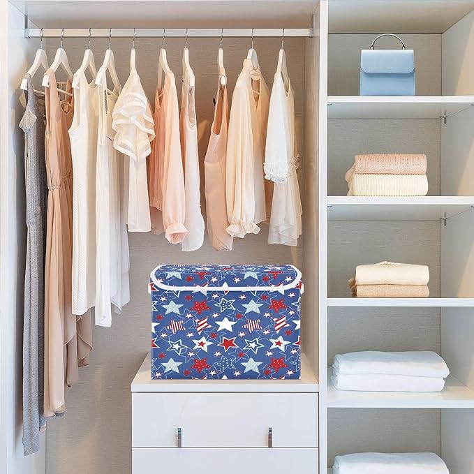 July 4th Patriotic Storage Bins with Lids Large Stars and Stripes Storage Basket with Handles Foldable Fabric Storage Box Organizer for Clothes Closet Cabinet Home Office Bedroom