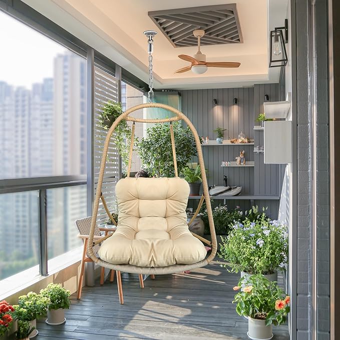 Swing Egg Chair for Indoor and Outdoor with C-Bracket Cushions and Cup Holder Foldable Rattan Hanging Seat for Patio Garden and Relaxation Spaces Without Stand Included