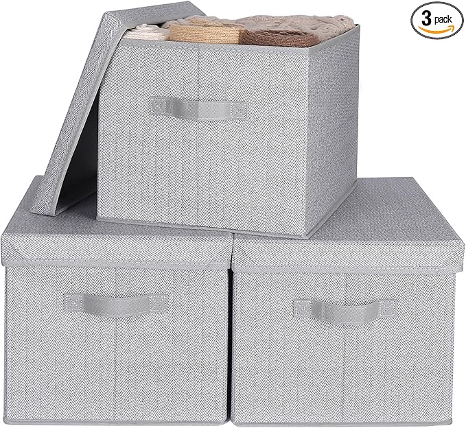 WUIKE 3 Pack Extra Large Foldable Storage Bins with Lids Fabric Storage Bins for Home and Closet Organization Herringbone Gray