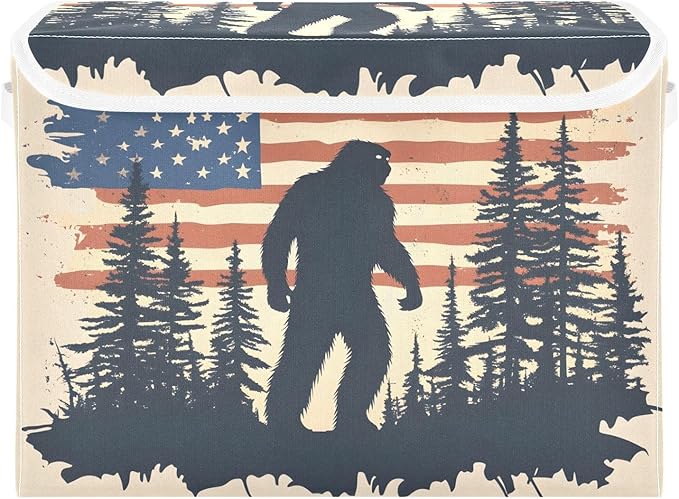 Sasquatch America Poster Storage Cube Bins Basket with Lid Collapsible Flip-top Fabric with Handle for Home Bedroom Closet Office 16.5×12.6×11.8 in