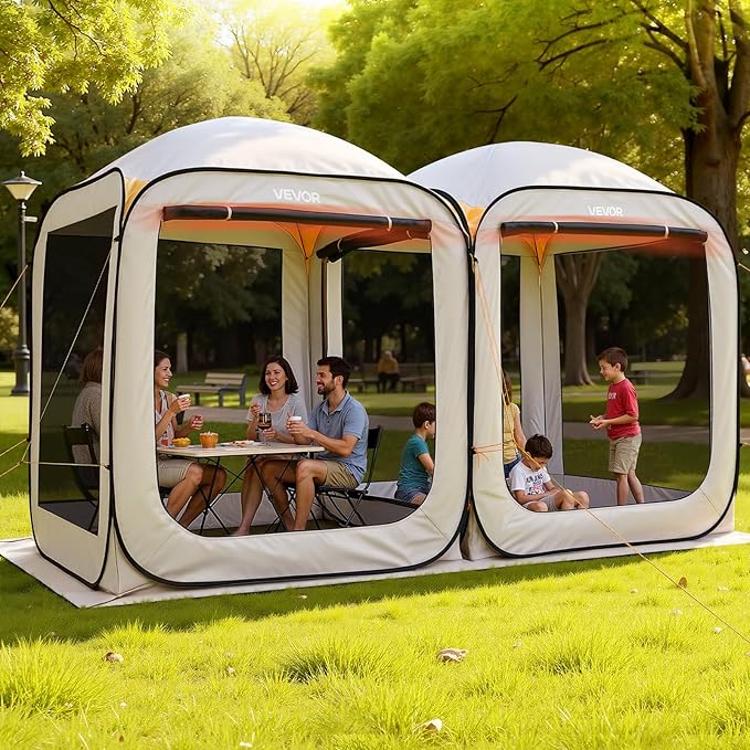 VEVOR Pop up Screen House Tent 12 x 6 ft 2 in 1 Screen Gazebo Portable Screened in Canopy with Carry Bag Netting Sides Ground Stakes for Garden Patio Backyard and Outdoor Activities Beige