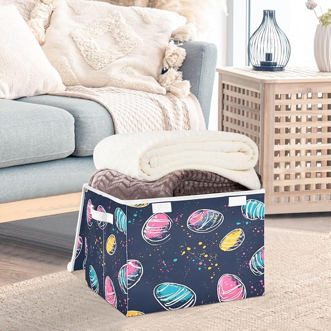 Christmas Storage Baskets with Lids Easter Egg Colorful Collapsible Bins Stackable Fabric Linen Baskets Closet Organizer Container 16.5x12.6x11.8