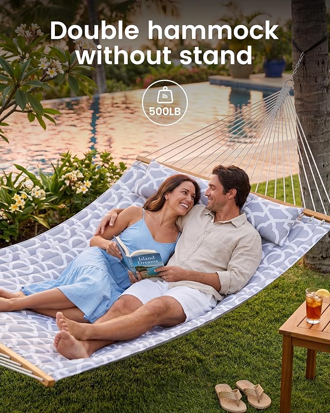 ANAGOO Double Quilted Outdoor Hammock for 2 Adults 500lb Capacity Backyard &amp Camping Hammock with Pillow and Bamboo Spreader Bar Fits 11–15ft Hammock Stands (Stand Not Included)Light Gray