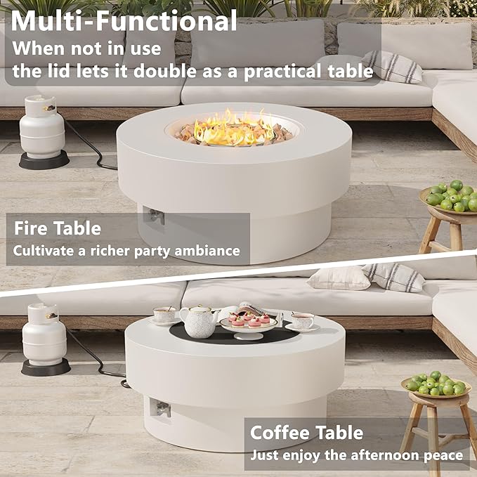 32.5 inch Outdoor Propane Fire Pit Table 50000 BTU Round Patio Fire Pit Table with Lid Waterproof Cover 10ft Gas Hose &amp Gas Tank Base Lava Rocks CSA Certified White