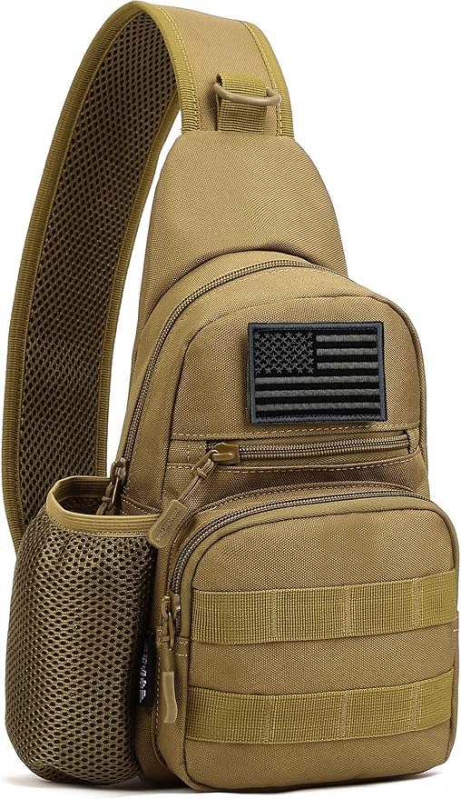 Protector Plus Tactical Sling Bag Military MOLLE Crossbody Pack Chest Shoulder Backpack with Water Bottle Holder Pouch EDC Diaper Motorcycle Bicycle Daypack (Patch Included)Brown