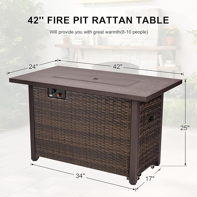 42 Inch Propane Fire Pit Table 50000 BTU Outdoor Gas Fire Pits with Removable Lid 2 in 1 Rectangular Firepit Table for Outside Patio Deck and Garden