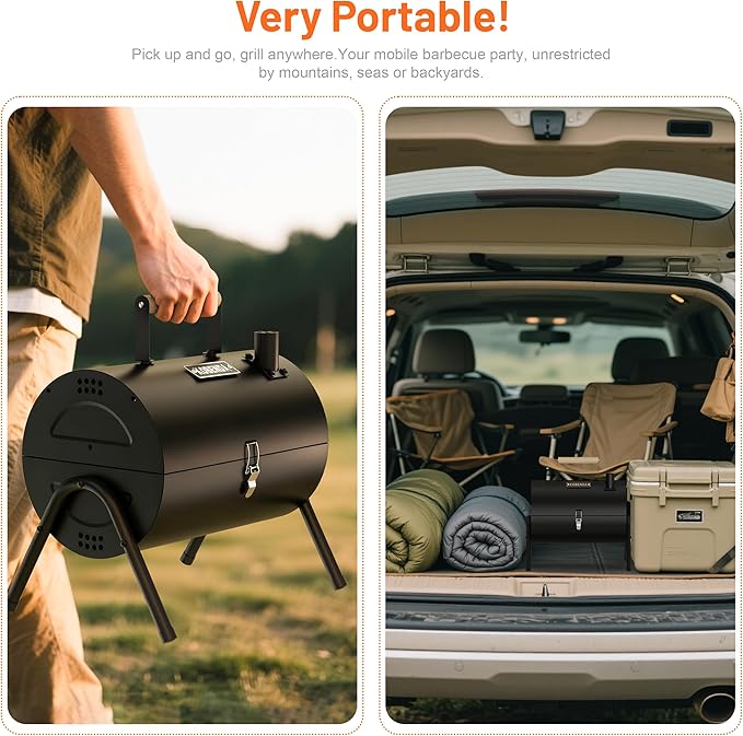 Portable Charcoal Grill with Warming Rack Wooden Handle Tabletop BBQ Grill for Outdoor Barbecue Camping Picnic Backyard Patio Black