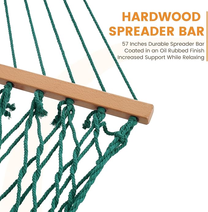 Lazy Daze Hammocks 12FT Double Rope Hammocks 2 Person Hand Woven Cotton Hammock with Spreader Bar for Outside Patio Poolside FIT 13-15 FT Stand Max 450 Lbs Green 141 x 57 inches