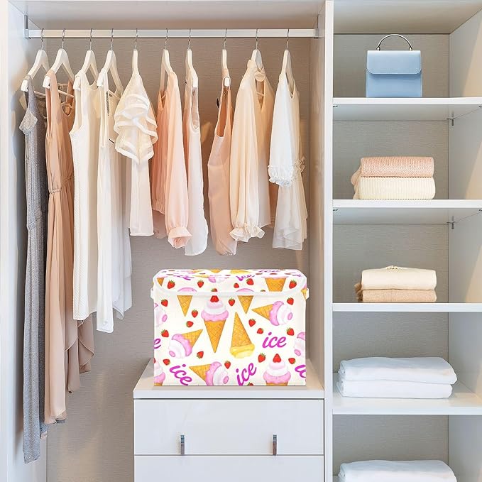 ALAZA Ice Cream Cone Strawberry Storage Bins Organizer Box Baskets Lidded Clothes for Shelves Closet Collapsible Stackable Storage Cubes Handles