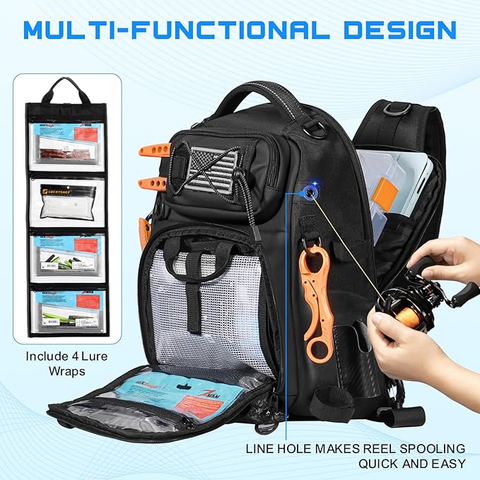 18L Fishing Sling Bag with Removable Lure Wraps and Rod &amp Beverage Holder Tackle Bag for Fishing Gear