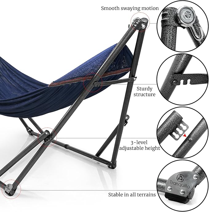 Tranquillo Universal Double Hammock with Stand Included for 2 Persons/Foldable Hammock Stand 600 lbs Capacity Portable Case - Inhouse Outdoor Camping Aegean