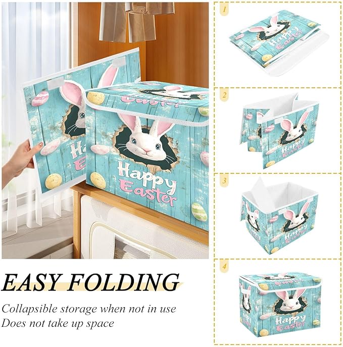 Happy Easter Pattern Foldable Storage Baskets Fabric Boxes with Handle Organizers with Flip-Top Lids Storage Bins for Home Bedroom Office