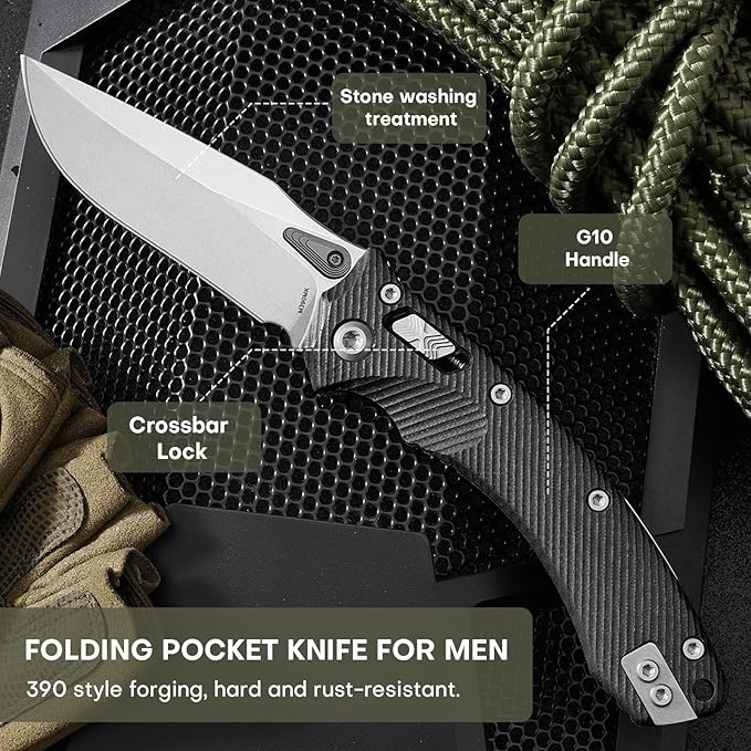 Folding Pocket Knife for Men M390 3.7 Blade with G10 Handle and Crossbar Lock EDC Knife for Camping Hiking and Outdoor Gifts for Him (Black)