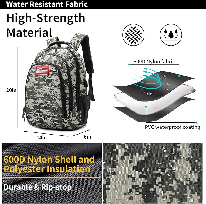 Camo Backpack for boys Teen Boys Backpacks for SchoolCamo Bookbag for kidSmall Tactica Backpack for outdoor with USB Charging Port40L