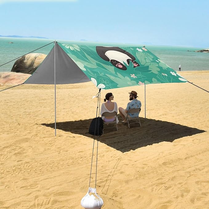 Cartoon Panda in Flowers Beach Tent Sun Shelter Set UPF50+ UV Protection 10.5 x 9.19 FT Camping Shade Canopy with Sandbags Sand Anchors Carrying Bag and Others