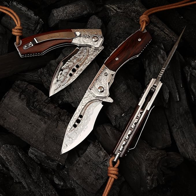 Handmade Japanese Damascus Steel Pocket Folding Knife with Leather Cover and Pocket Clip 2.87-inch Outdoor Camping Fishing Portable Pocket Knife