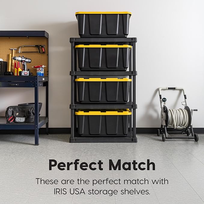 IRIS USA 8-Pack 27 Gallon Storage Bins with Lids |Made in USA| Heavy Duty Plastic Tote Containers for Truckbed Tool Box Organization Large - Black/Yellow
