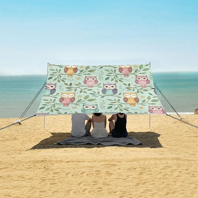 Owl Beach Canopy Sun Shelter with Sandbags &amp Sand Shovel &amp Windproof Ropes - Portable 110x126 Beach Shade Beach Tent for Camping Picnics