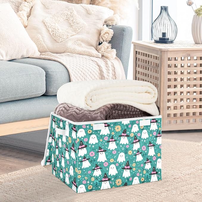 Halloween Ghosties Stars Flowers Teal Storage Box with Lid 1 PC Foldable Storage Bin with Lids Stackable Storage Bins Cube Closet Organizer Basket with Flip-Top Lid &amp Handles for Shoes Books Towel