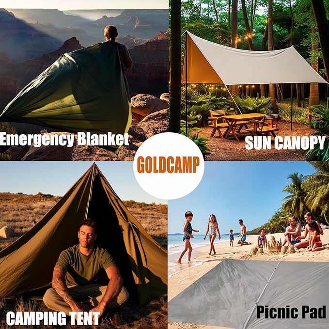 GOLDCAMP Waterproof Camping Tarp70D Nylon 10X13.2ft Hammock Rain Fly UV 50+ and PU15000mm Tent Tarp Shelter CanopyHeavy Duty Multifunctional Sun Shade Essentials for Hiking (120''X120'')