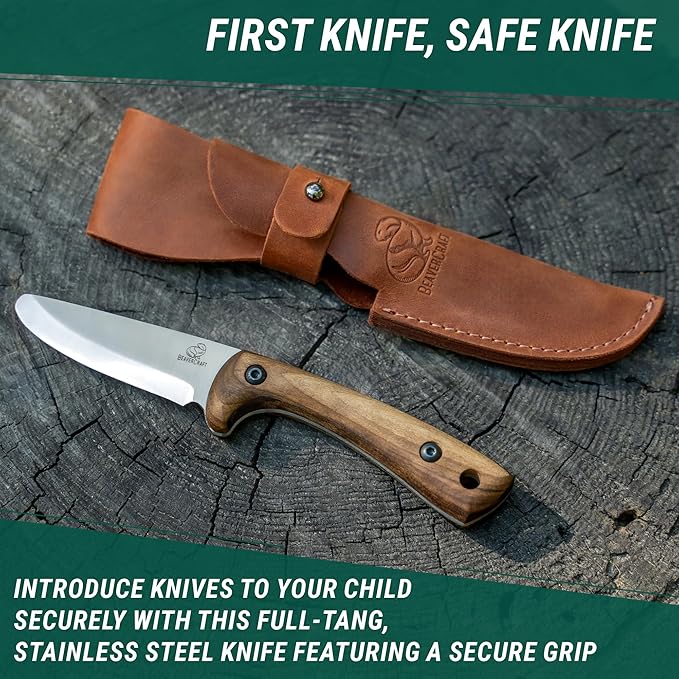BeaverCraft Kids Boy Scout Knife - Whittling Knives for Kids - Safe Kid Knife with Rounded Tip &amp Sheath - First Bushcraft Knives for Boys 8-12 BSH Kid