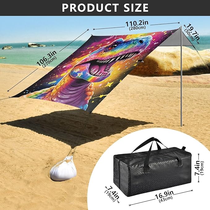 ALAZA Dinosaur with Rainbow Sparkles Star Beach Tent Sun Shelter Portable Canopy Sunshade for Outdoor Camping Picnics Backyard Fun 10x9 ft