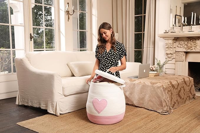 Cottonphant 20 x 20 Extra Large Cotton Rope Storage Basket with Lid – Flagon Design – Perfect for Clothes Blankets and Living Room Organization (Pink Heart 20x20)