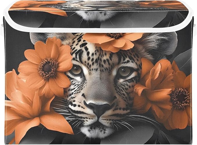 Storage Cube with Lid Floral with Leopard Print 16.5×12.6×11.8 IN Collapsible Large Capacity Foldable Storage Basket Bin Organizer
