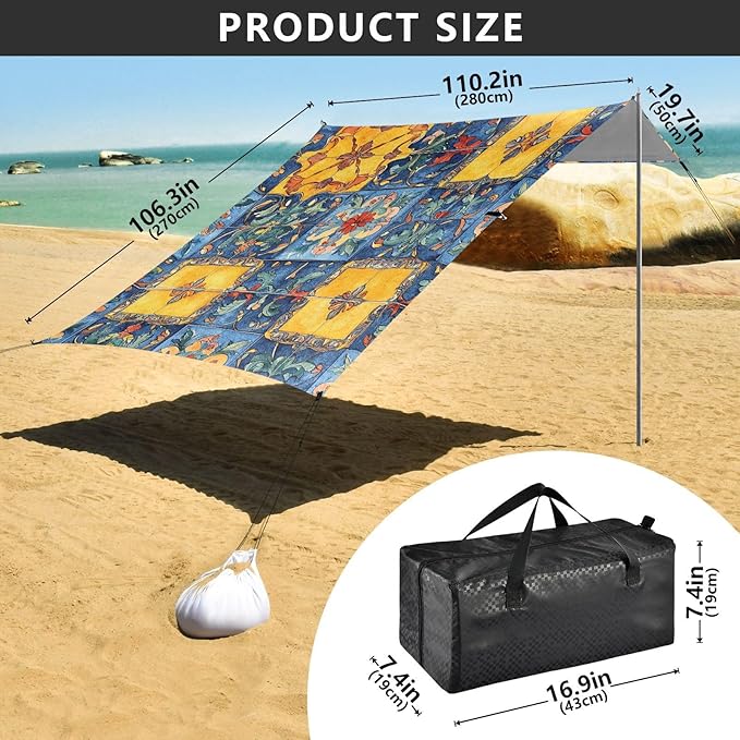 Bohemian Boho Vintage Mandala Style Flower Beach Cabana UPF50+ Protection Waterproof Portable Sun Shelter Includes Sand Shovel Sandbags Stability Poles for Camping Trips Fishing Backyard