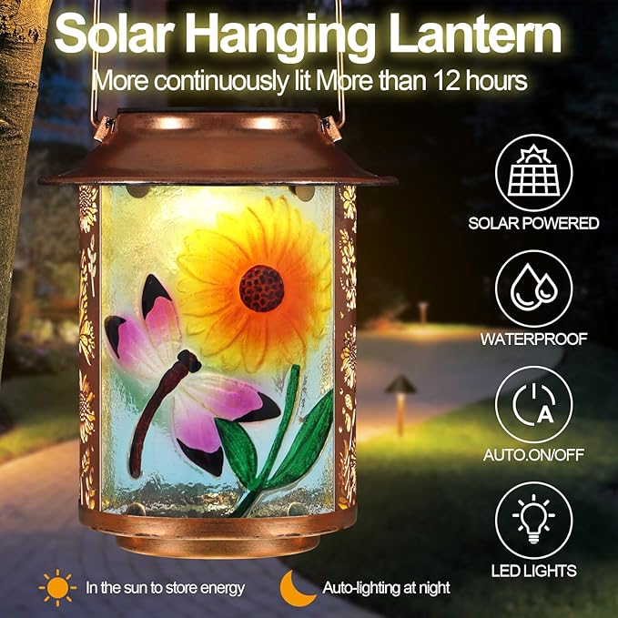 Dragonfly Solar Lanterns Outdoor WaterproofBirthday Gifts for Women Mom Grandma Garden DecorHanging Solar Lights Wall Mount Decorations for YardFront PorchPatioLawn Pathway Landscape