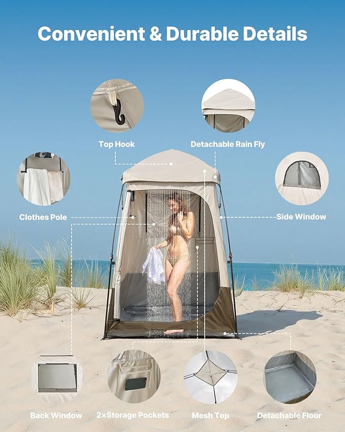 VEVOR Camping Shower Tent 1 Room Foldable Privacy Tent Changing Room with Ground Stakes Ropes Carry Bag and Crossbar 210D Oxford Fabric with Silver Coating for Camping Beach and Fishing