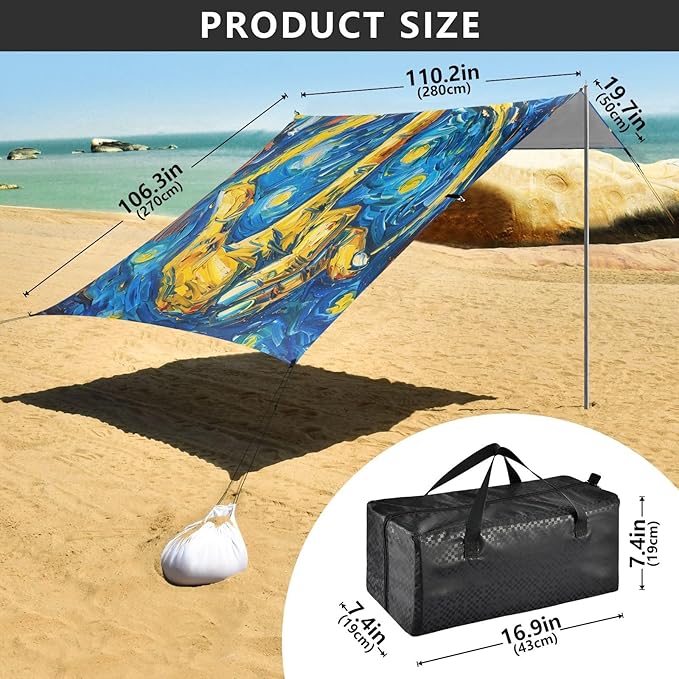 ALAZA Peace Sign Gesture Starry Sky Beach Tent Sun Shelter UPF50+ Protection Beach Shade Canopy w/ 4 Sandbags for Outdoor Camping Fishing Backyard Fun Picnic 10x9 ft