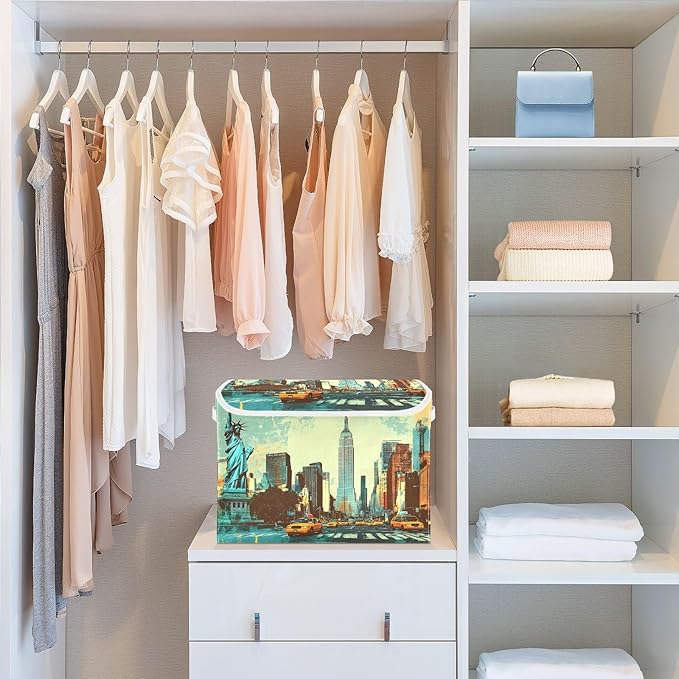 Storage Cube with Lid New York Painting Print 16.5×12.6×11.8 IN Collapsible Large Capacity Foldable Storage Basket Bin Organizer