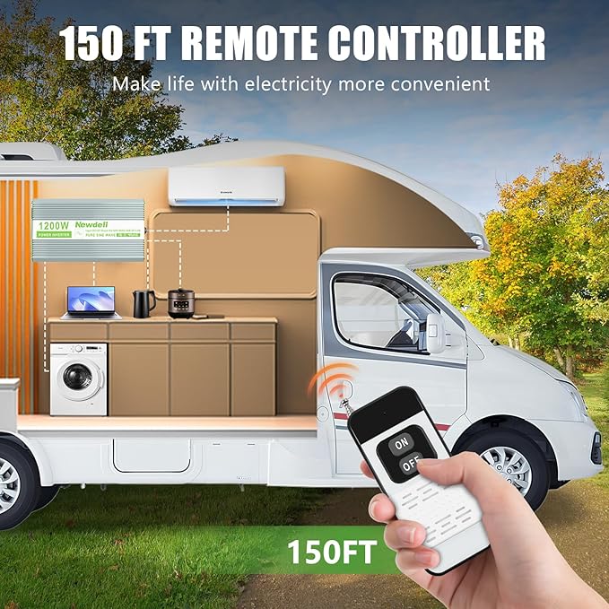Newdeli 1200W Pure Sine Wave Inverter 12V to 110V 120V AC Converter Car Power Inverter for Vehicles RV Truck Solar Outdoor with 2 AC Socket 5V 3.4A USB LCD Display and Remote Controller